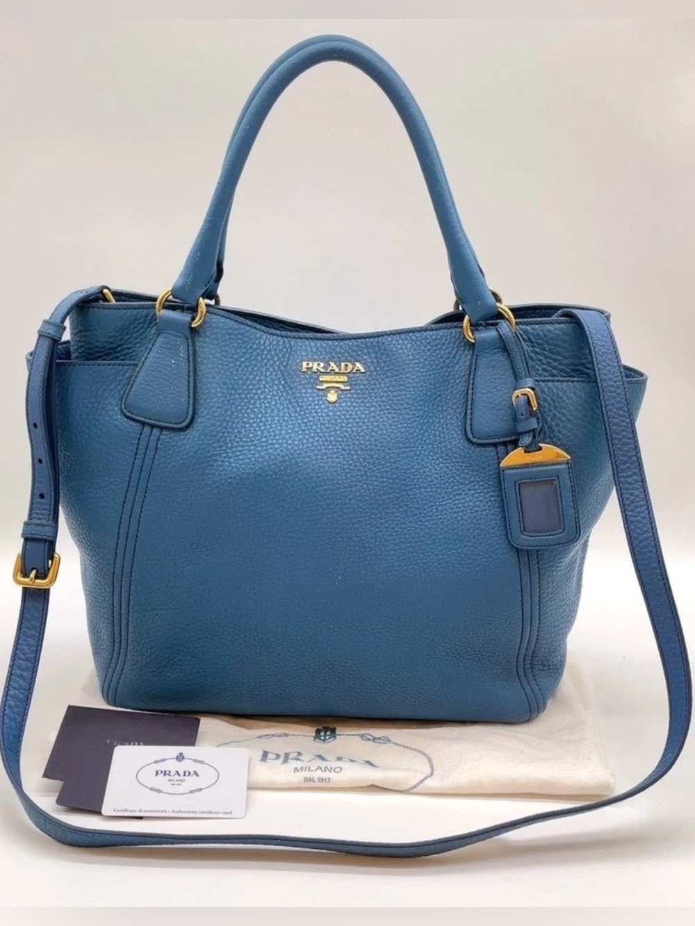 Auth Prada BN2435 Vitello Daino Leather Blue 2Way Bag W/Dustbag